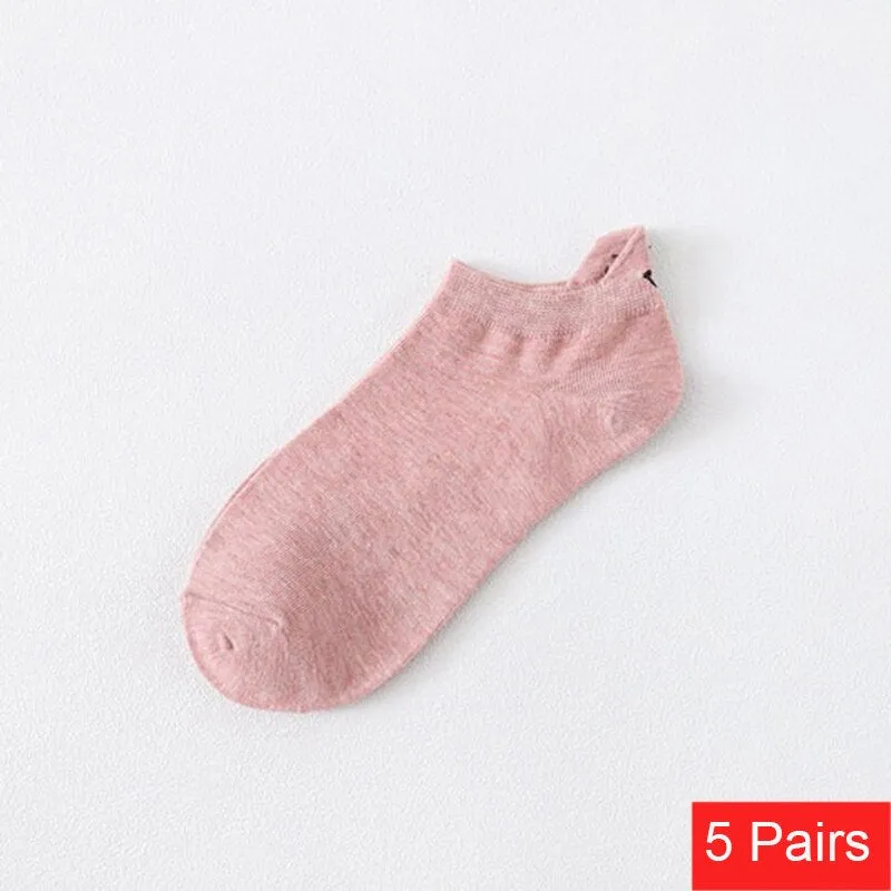 5 Pairs Spring Summer Female Socks Japanese Lovely Personality Heel Embroidered Smiling Face Lovers Solid Cotton Ankle Socks