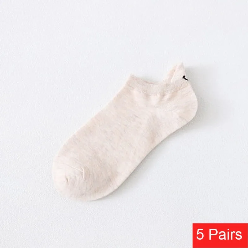 5 Pairs Spring Summer Female Socks Japanese Lovely Personality Heel Embroidered Smiling Face Lovers Solid Cotton Ankle Socks