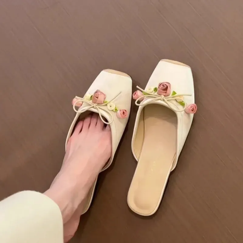 Advbridge  Satin Flower Slippers Women 2024 Summer Non-slip Casual Slide Comfy Light Fashion Ethnic Style Sandals Flat Floral Mule Shoes