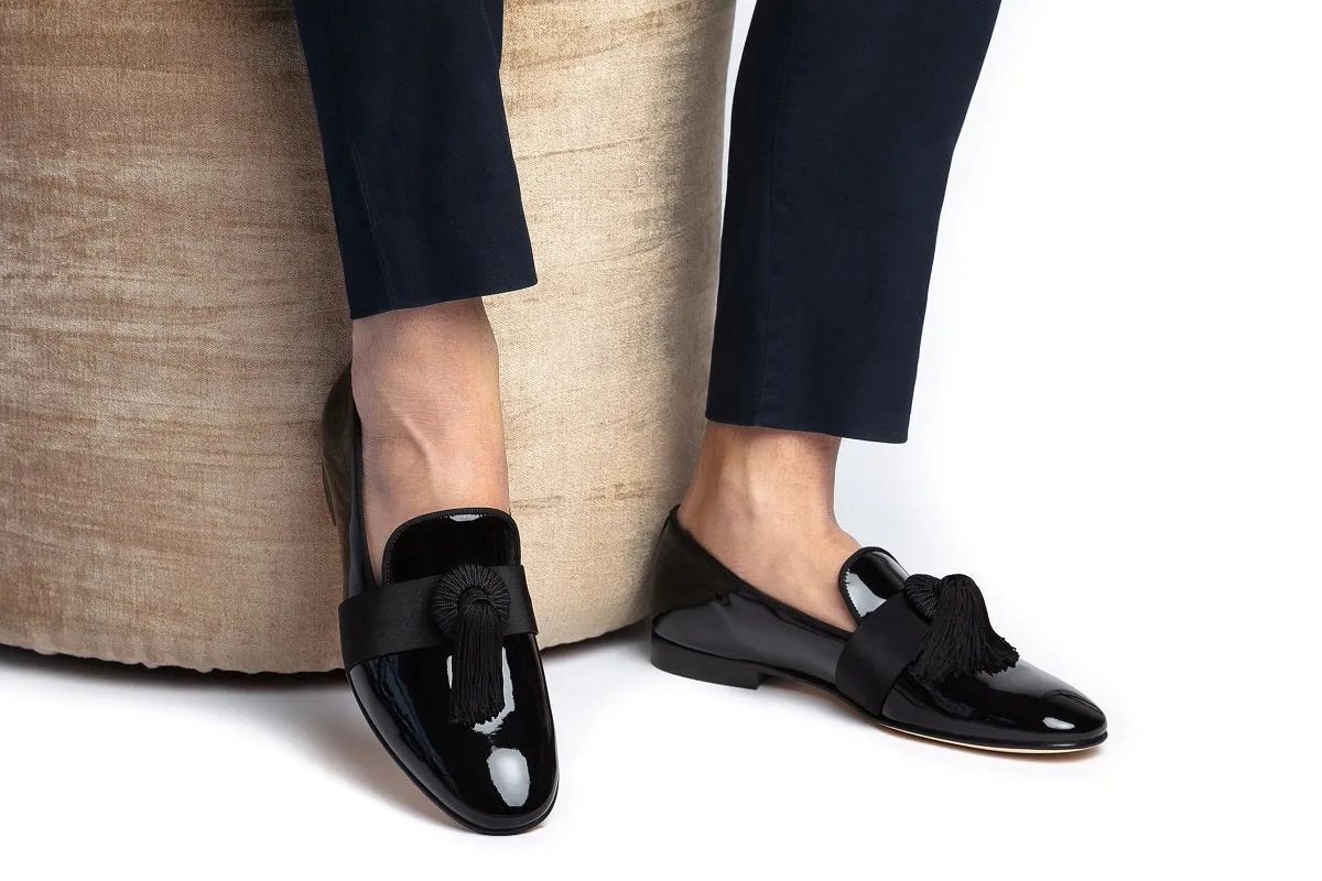 AGADIR PATENT BLACK SLIPPERS