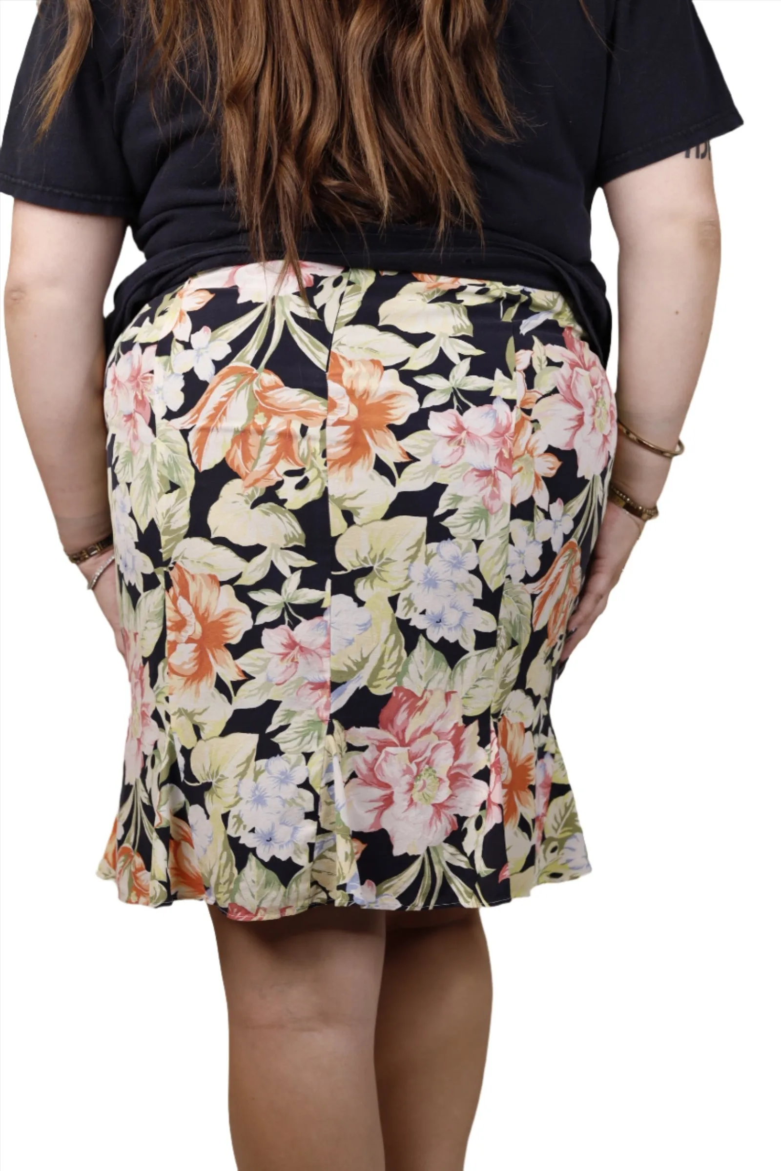 Black Floral Silk Midi Skirt 1990s