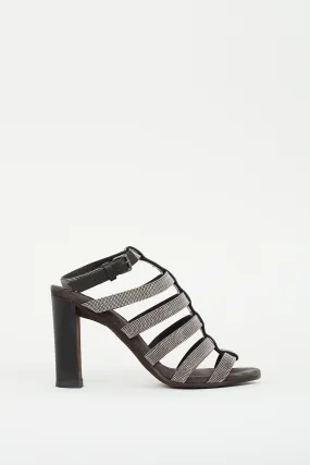 Black Leather Monili Caged Heel