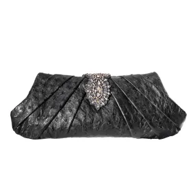 Black Ostrich Leather Crystal Embellished Clutch