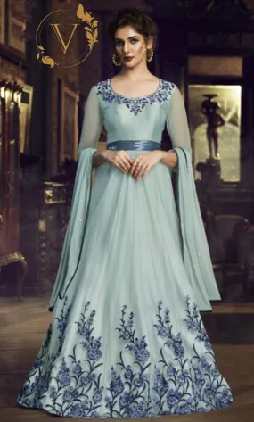 Blue Readymade Embroidered Net Long Gown With Dupatta