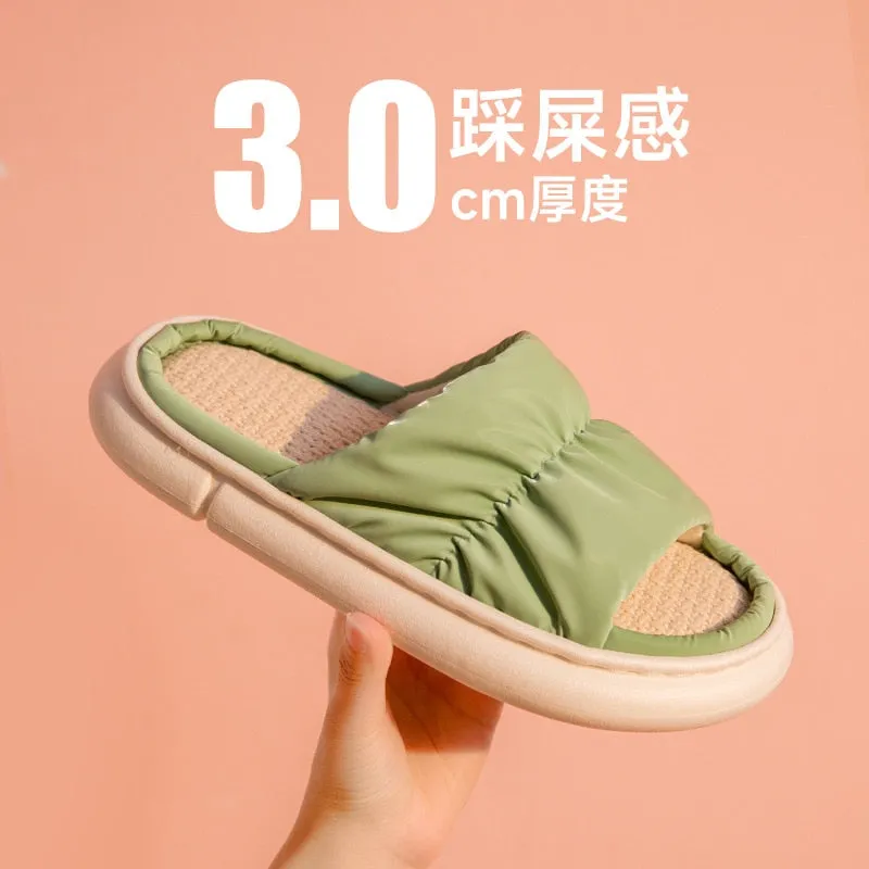 Breathable Flax Slippers Indoor Women Men Platform Shoes Four Seasons Lovers Home Floor Slides Quiet Light Weight Female Slipper