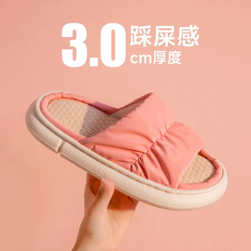 Breathable Flax Slippers Indoor Women Men Platform Shoes Four Seasons Lovers Home Floor Slides Quiet Light Weight Female Slipper