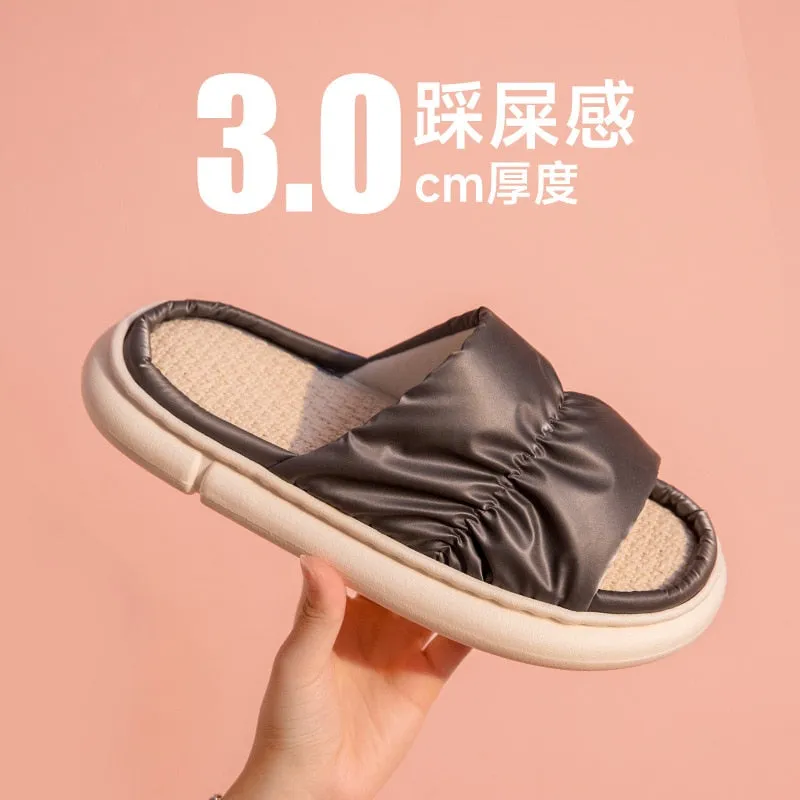 Breathable Flax Slippers Indoor Women Men Platform Shoes Four Seasons Lovers Home Floor Slides Quiet Light Weight Female Slipper