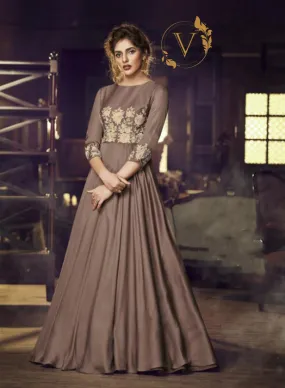 Brown Readymade Embroidered Satin Long Gown With Dupatta