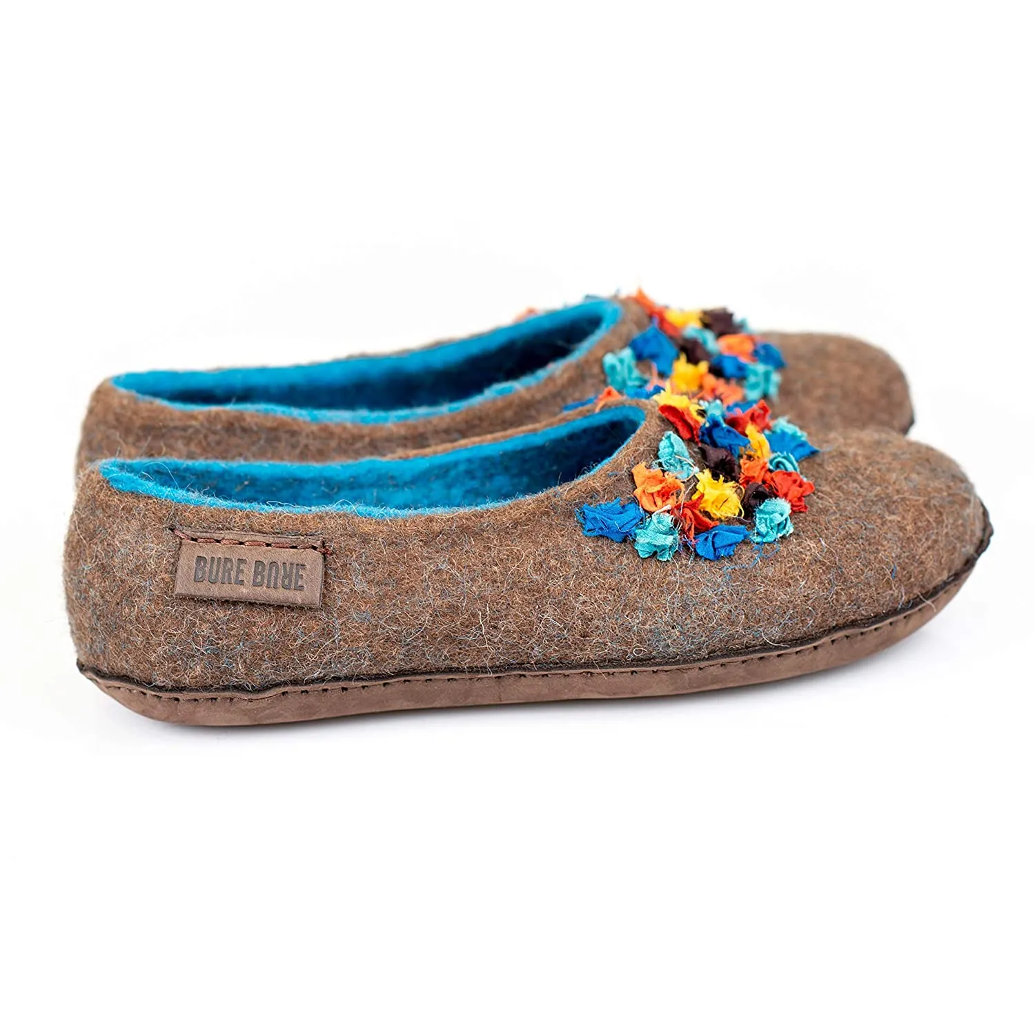 Brown/Blue SILK Alpaca - felted wool house slippers for women