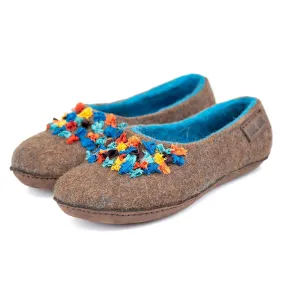 Brown/Blue SILK Alpaca - felted wool house slippers for women