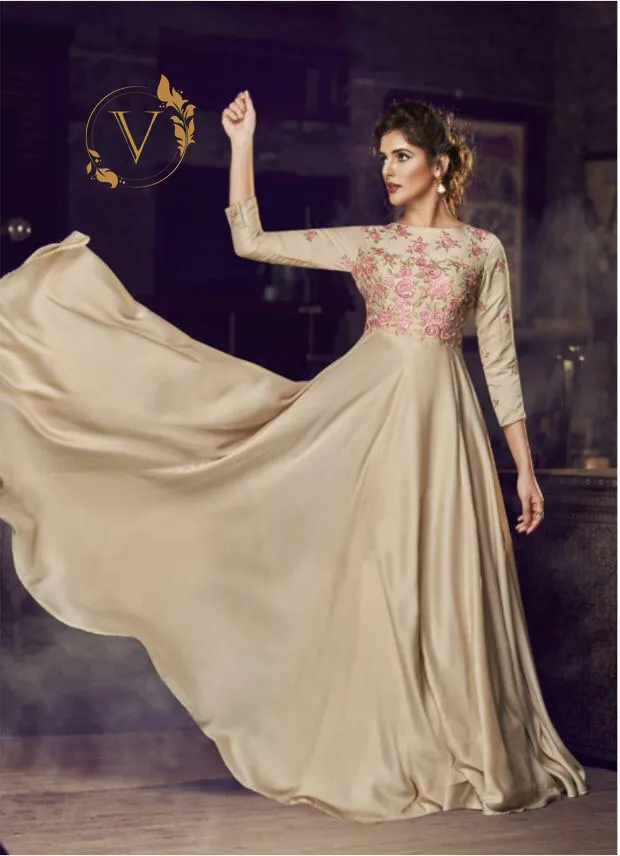 Cream Readymade Floral Embroidered Satin Long Gown With Dupatta