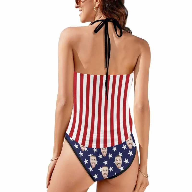 Custom Face American Flag Womens Sexy Halter Tummy Control Swimsuit Tankini Top Sets Fashion Two Piece Bathing Suit with Tie Side