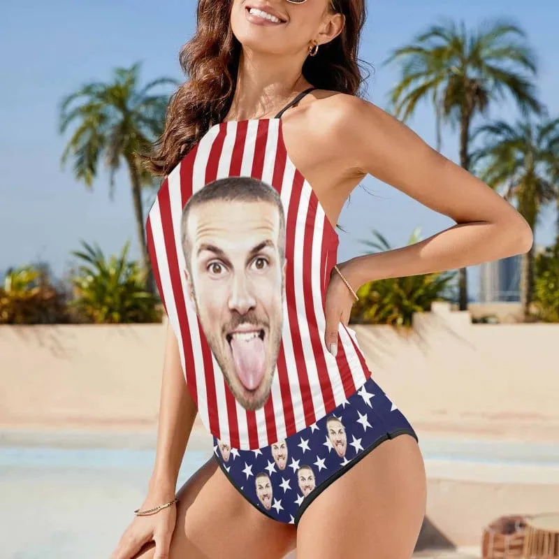 Custom Face American Flag Womens Sexy Halter Tummy Control Swimsuit Tankini Top Sets Fashion Two Piece Bathing Suit with Tie Side