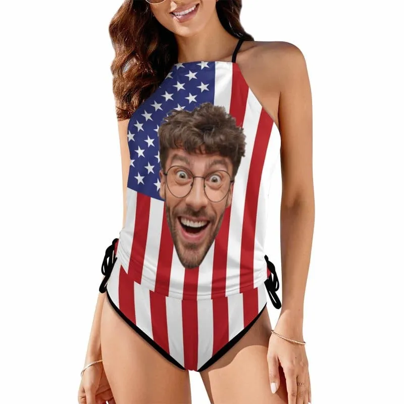 Custom Face Flag USA Womens Sexy Halter Tummy Control Swimsuit Tankini Top Sets Fashion Two Piece Bathing Suit with Tie Side