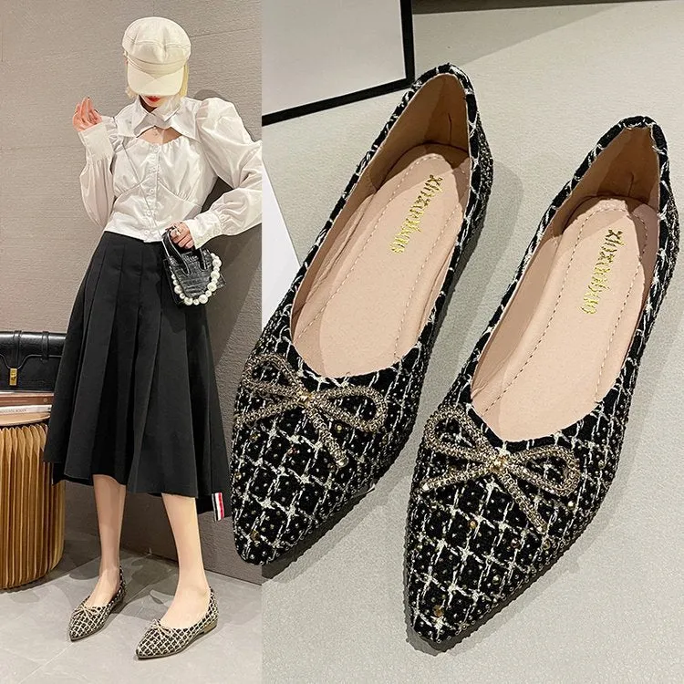 Fashion Plaid Flat Low Heel Pointed Shallow Mouth English Single Shoes Women | Brodtica.com