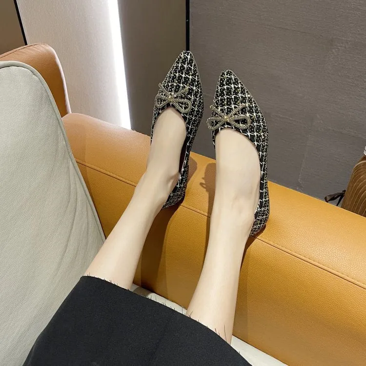 Fashion Plaid Flat Low Heel Pointed Shallow Mouth English Single Shoes Women | Brodtica.com