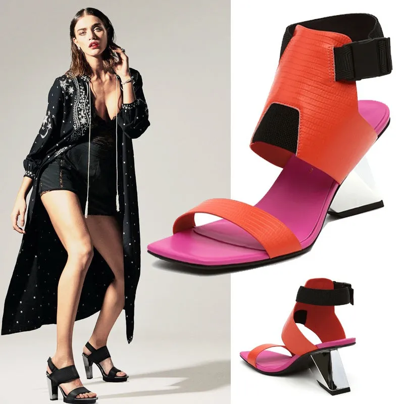 Fashionable Lizard Skin Profiled High-heeled Flip-flop Color Matching Roman Sandals Women Slippers