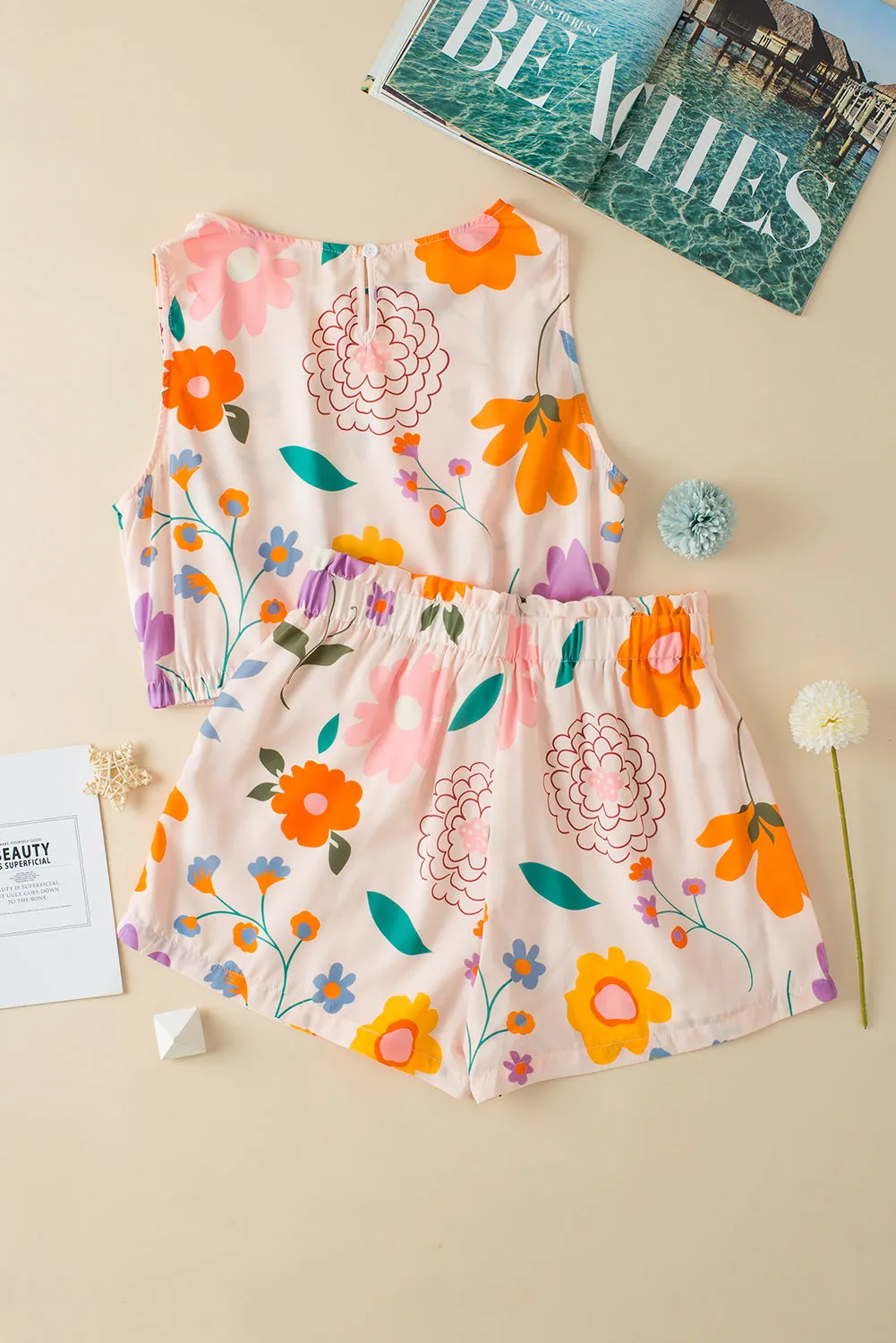 Floral Cropped Tank and Frilly High Waist Shorts