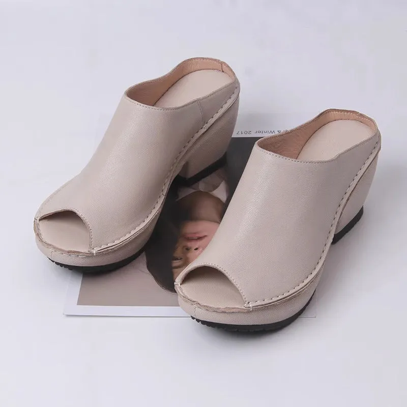 Genuine Leather Block Heel Slippers For Women Peep Toe Slingbacks Sandals in Beige/Brown