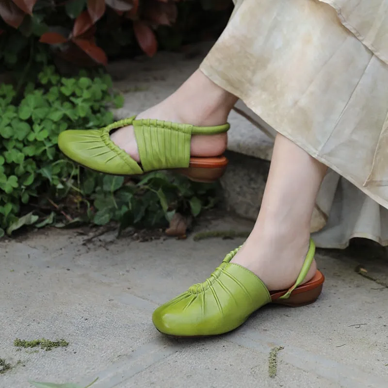 Genuine Leather Block Heel Slippers For Women Round Toe Mules in Green/Beige