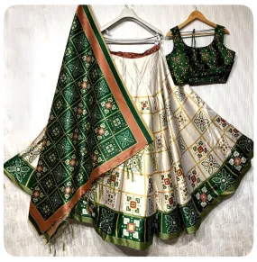 Green & White Silk Garba Lehenga