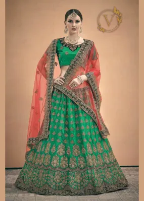 Green Embroidered Satin Lehenga Choli With Dupatta