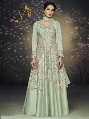 Green Readymade Embroidered Long Gown With Dupatta