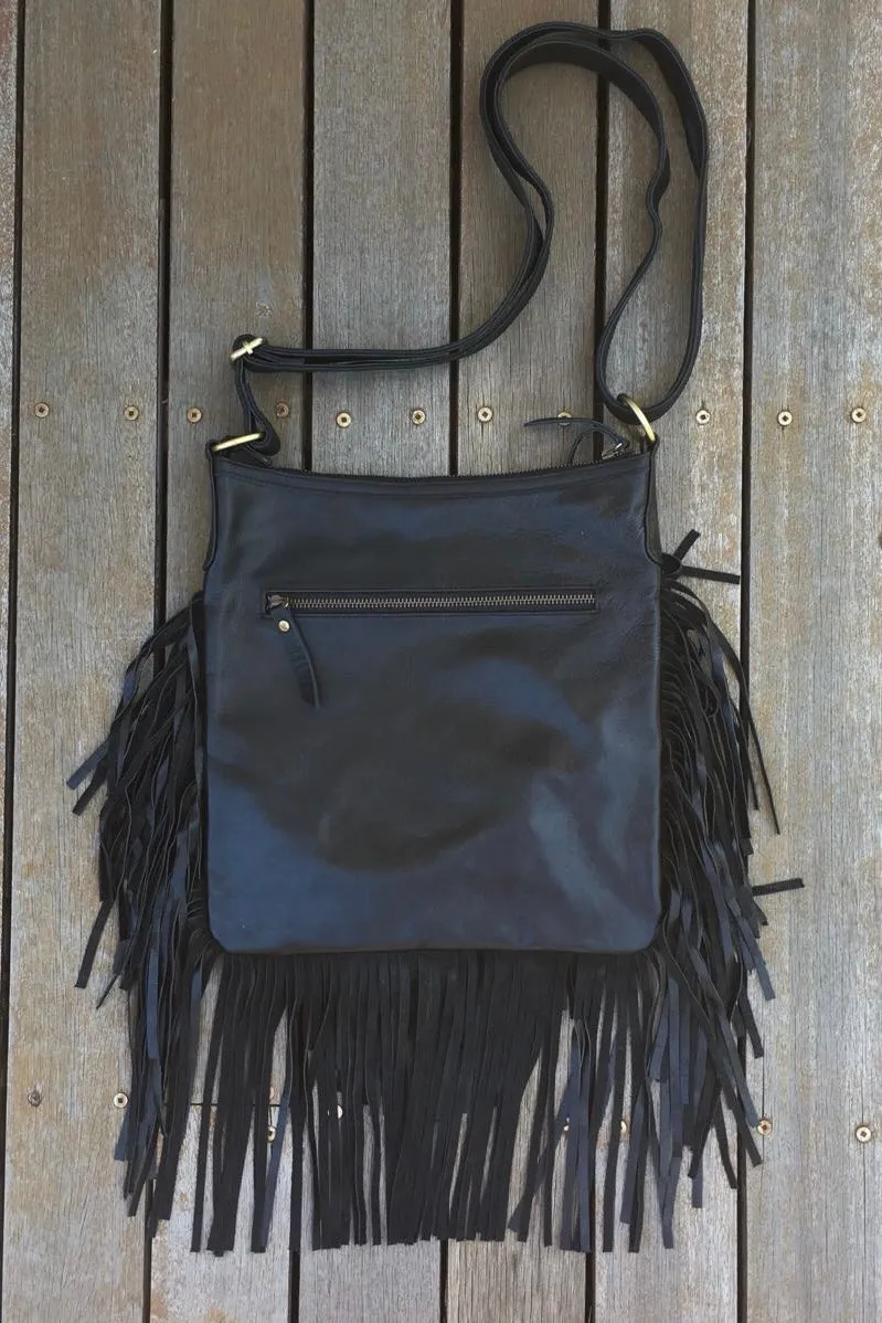 HAND TOOLED DETAILED FLOWER & FRINGE BAG VINTAGE BLACK