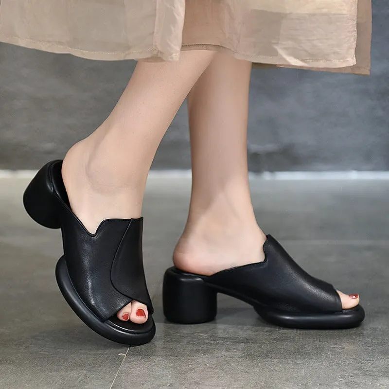 Handmade Genuine Leather Summer Slippers Block Heel in Black/Apricot