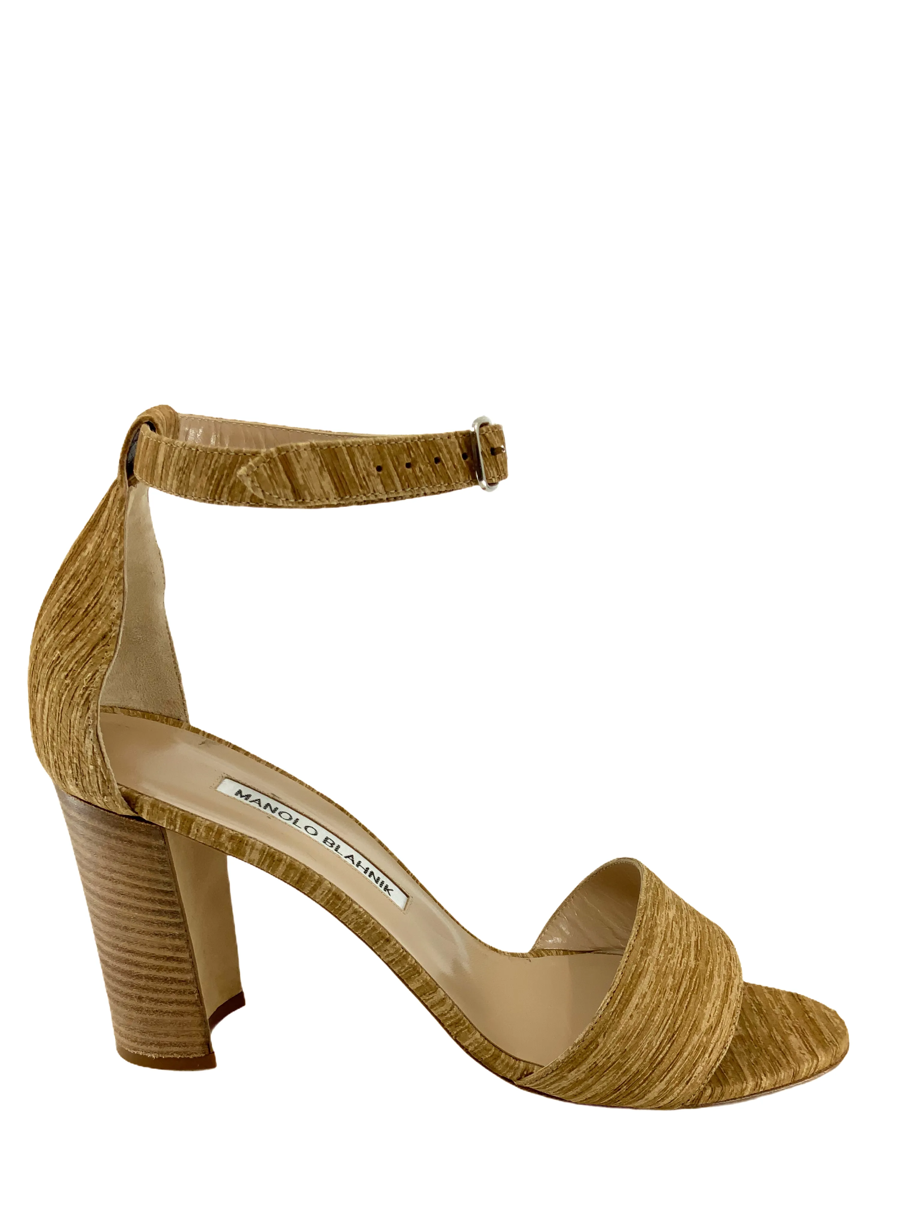 Manolo Blahnik Natural Raw Silk Ankle Strap Block Heel Sandal Size 9