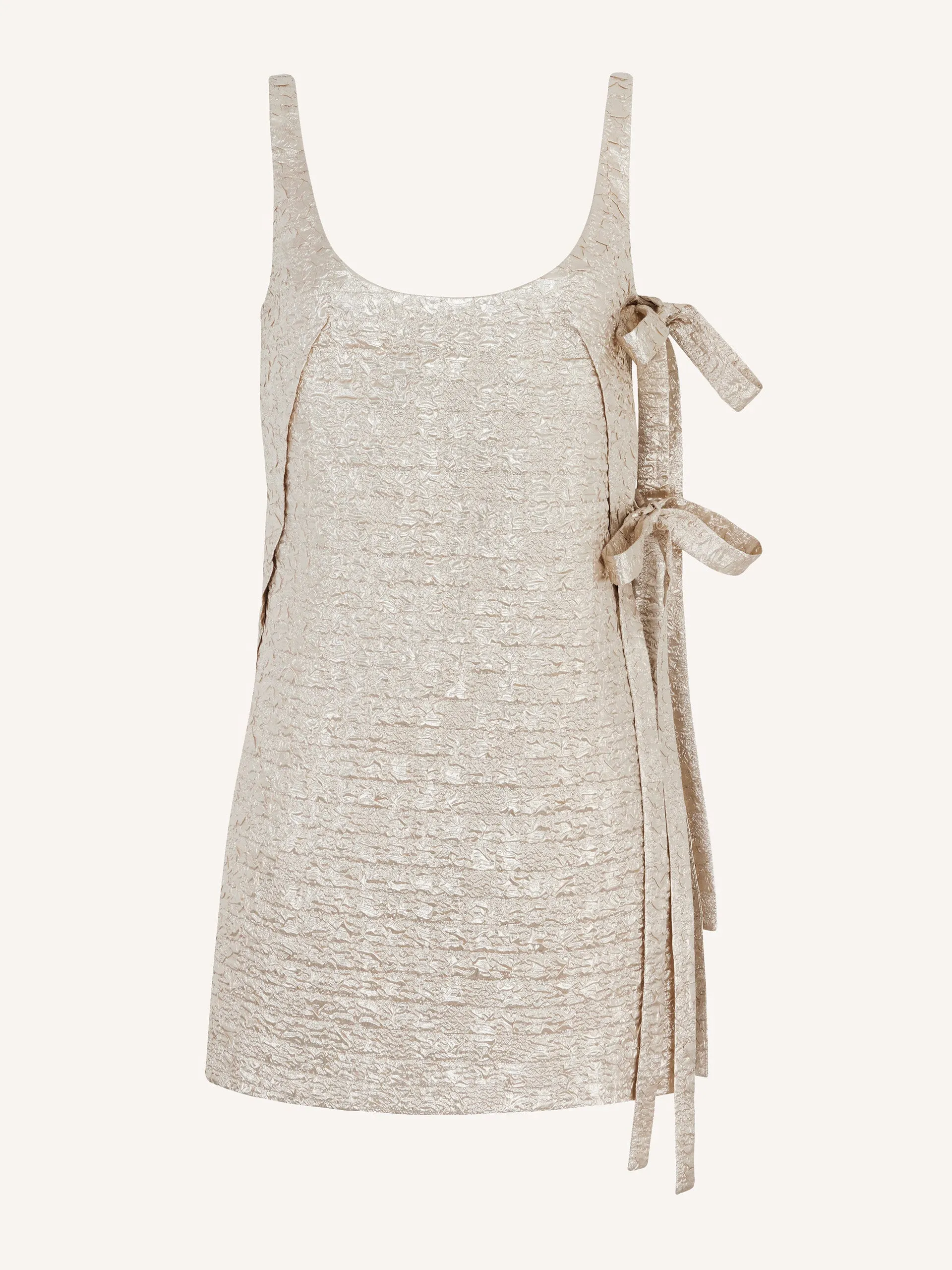 Maya dress in champagne metallic seersucker