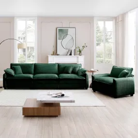 Mid-Century Modern Sofa Set of Two, One 3-Seater Sofa and One Single Seat Sofa with 2 Arm Pillows and 4 Throw Pillows,2 Pieces Sofa Set for Living Room,Green Corduroy Fabric