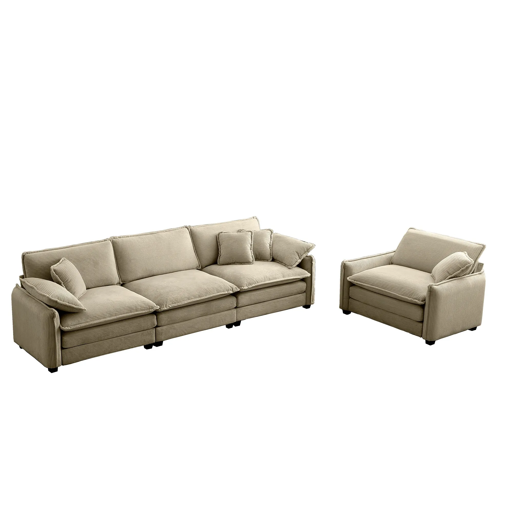 Mid-Century Modern Sofa Set of Two, One 3-Seater Sofa and One Single Seat Sofa with 2 Arm Pillows and 4 Throw Pillows,2 Pieces Sofa Set for Living Room,Tan Corduroy Fabric