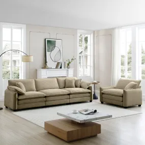 Mid-Century Modern Sofa Set of Two, One 3-Seater Sofa and One Single Seat Sofa with 2 Arm Pillows and 4 Throw Pillows,2 Pieces Sofa Set for Living Room,Tan Corduroy Fabric