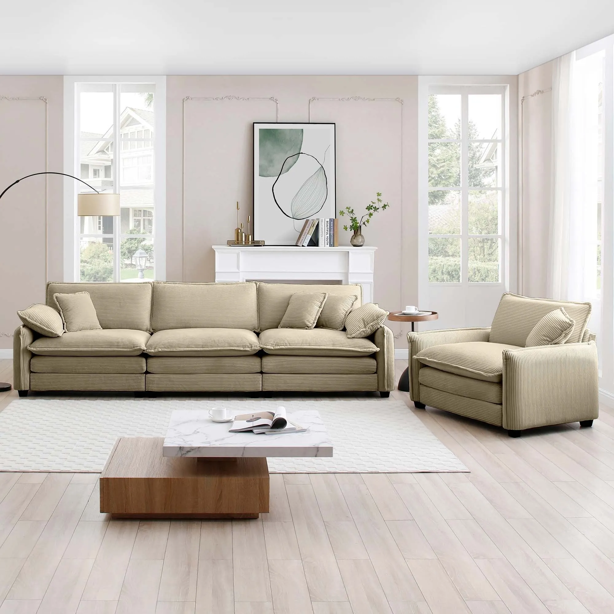 Mid-Century Modern Sofa Set of Two, One 3-Seater Sofa and One Single Seat Sofa with 2 Arm Pillows and 4 Throw Pillows,2 Pieces Sofa Set for Living Room,Tan Corduroy Fabric