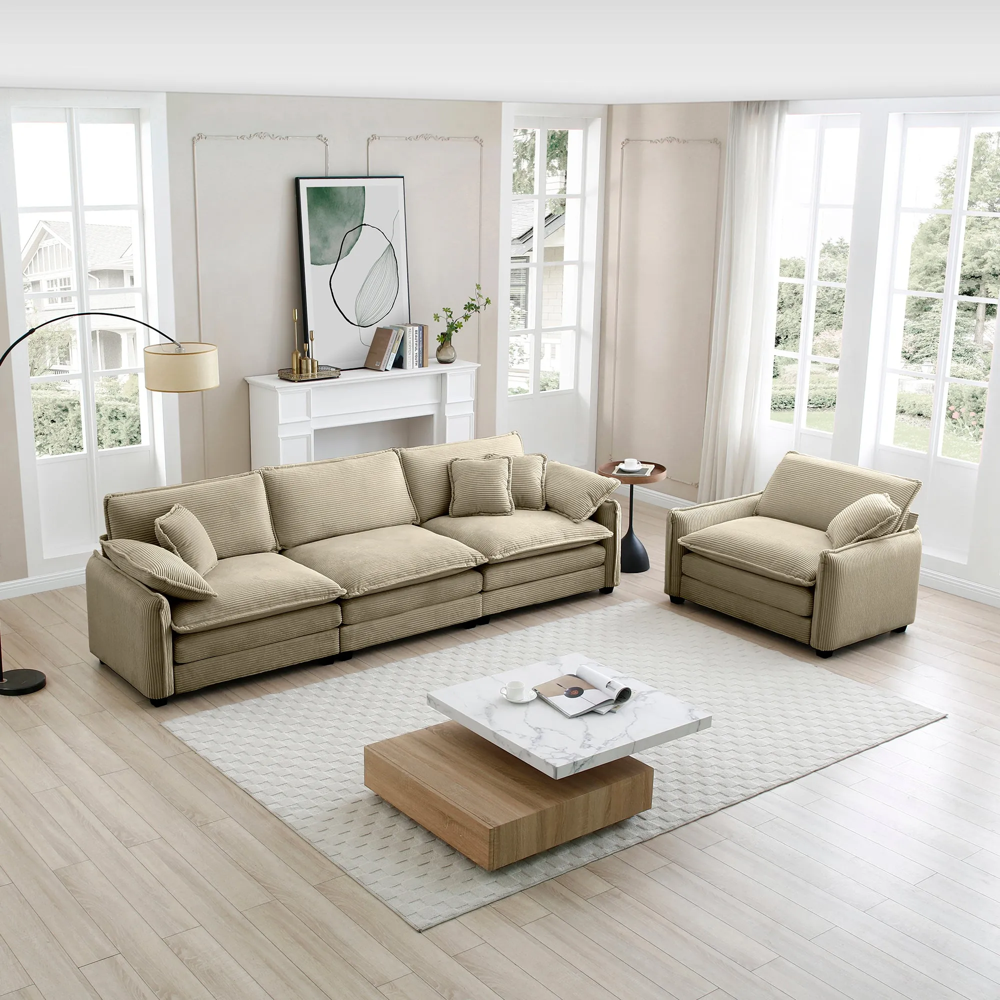 Mid-Century Modern Sofa Set of Two, One 3-Seater Sofa and One Single Seat Sofa with 2 Arm Pillows and 4 Throw Pillows,2 Pieces Sofa Set for Living Room,Tan Corduroy Fabric