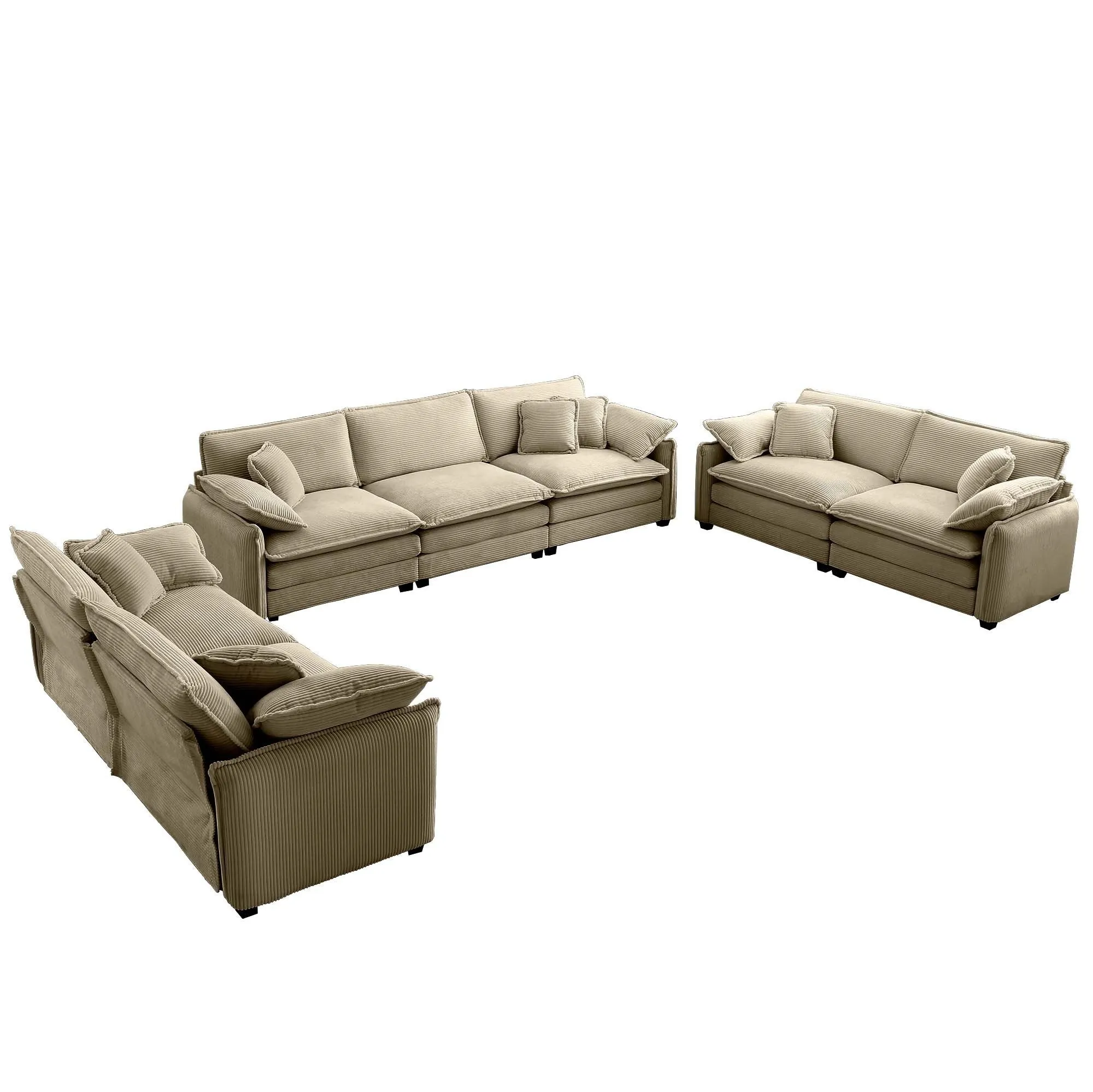 Modern Living Room Sofa 3 Pieces Set, Two 2-Seater Sofas and One 3-Seater Sofas, Upholstery Large Deep Seat Sofa with sofat Cushion and Pillowss,Tan Corduroy