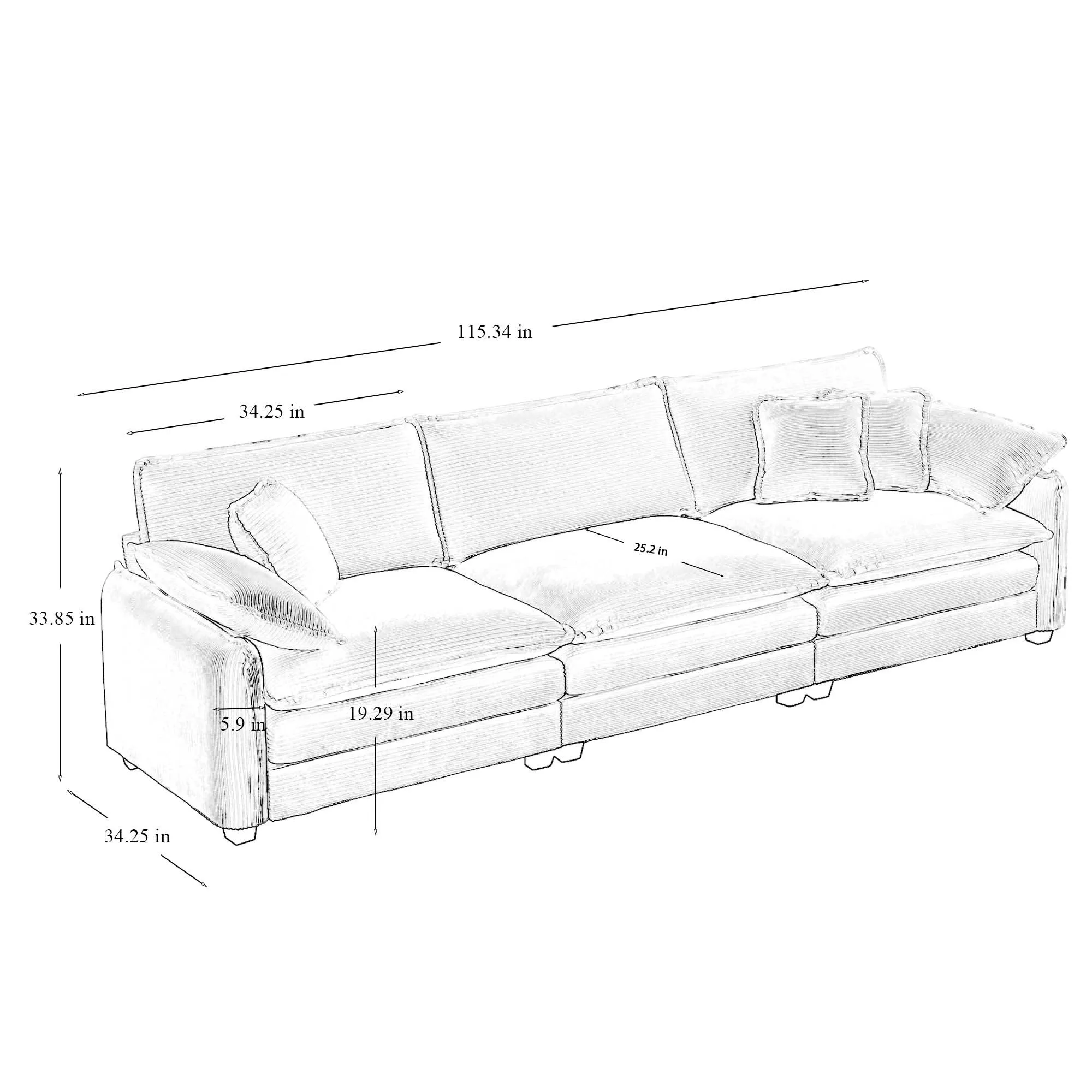 Modern Living Room Sofa 3 Pieces Set, Two 2-Seater Sofas and One 3-Seater Sofas, Upholstery Large Deep Seat Sofa with sofat Cushion and Pillowss,Tan Corduroy