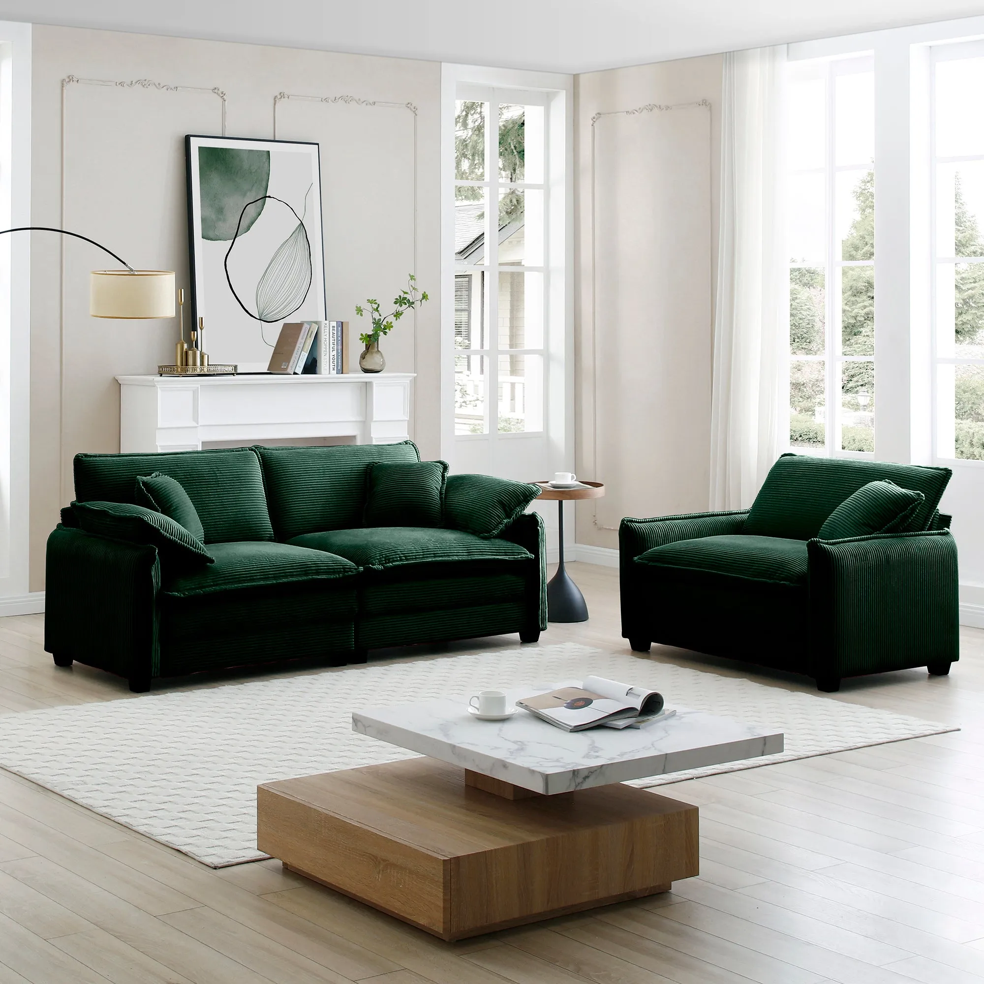 Modern Living Room Sofa Two Pieces Set, Suitable for Living room and Small Apartment , 2 Pieces Sofa Set Consists of a Single Seat Sofa and a 2-Seater Sofas,Green Corduroy