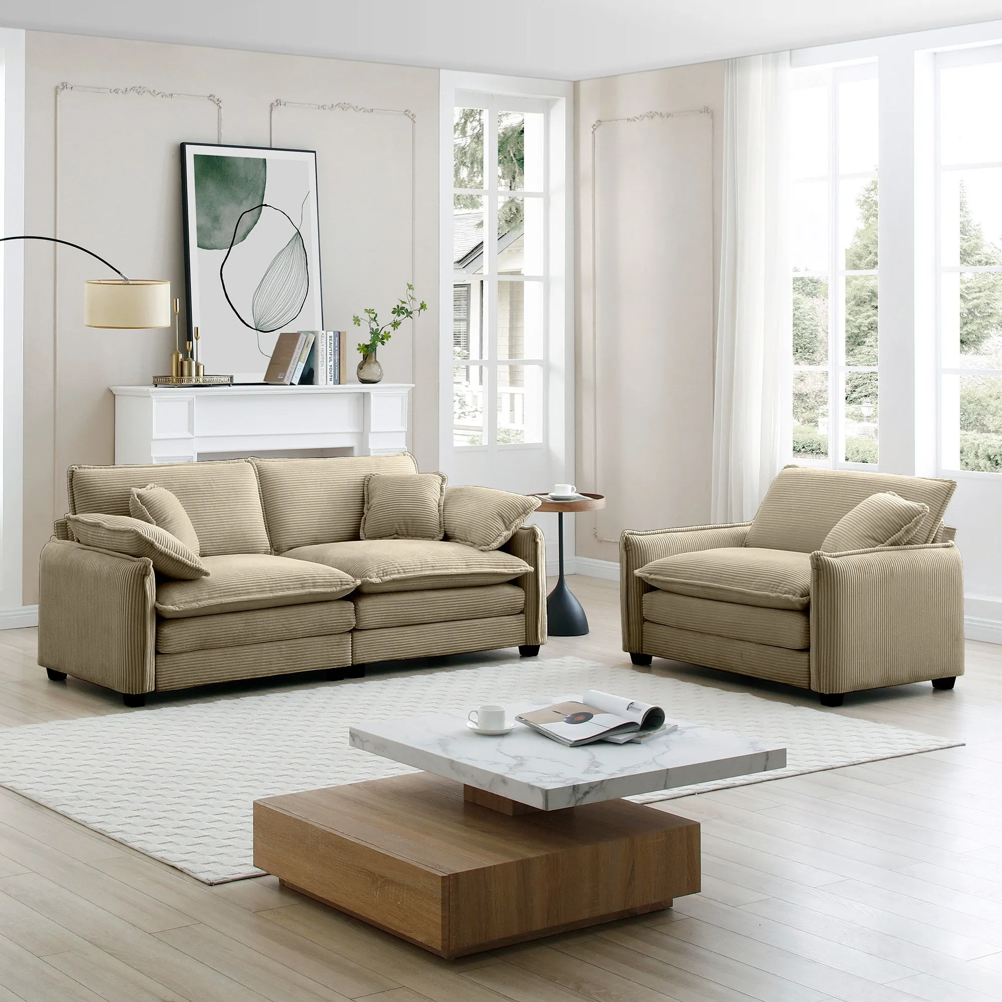 Modern Living Room Sofa Two Pieces Set, Suitable for Living room and Small Apartment , 2 Pieces Sofa Set Consists of a Single Seat Sofa and a 2-Seater Sofas,Tan Corduroy