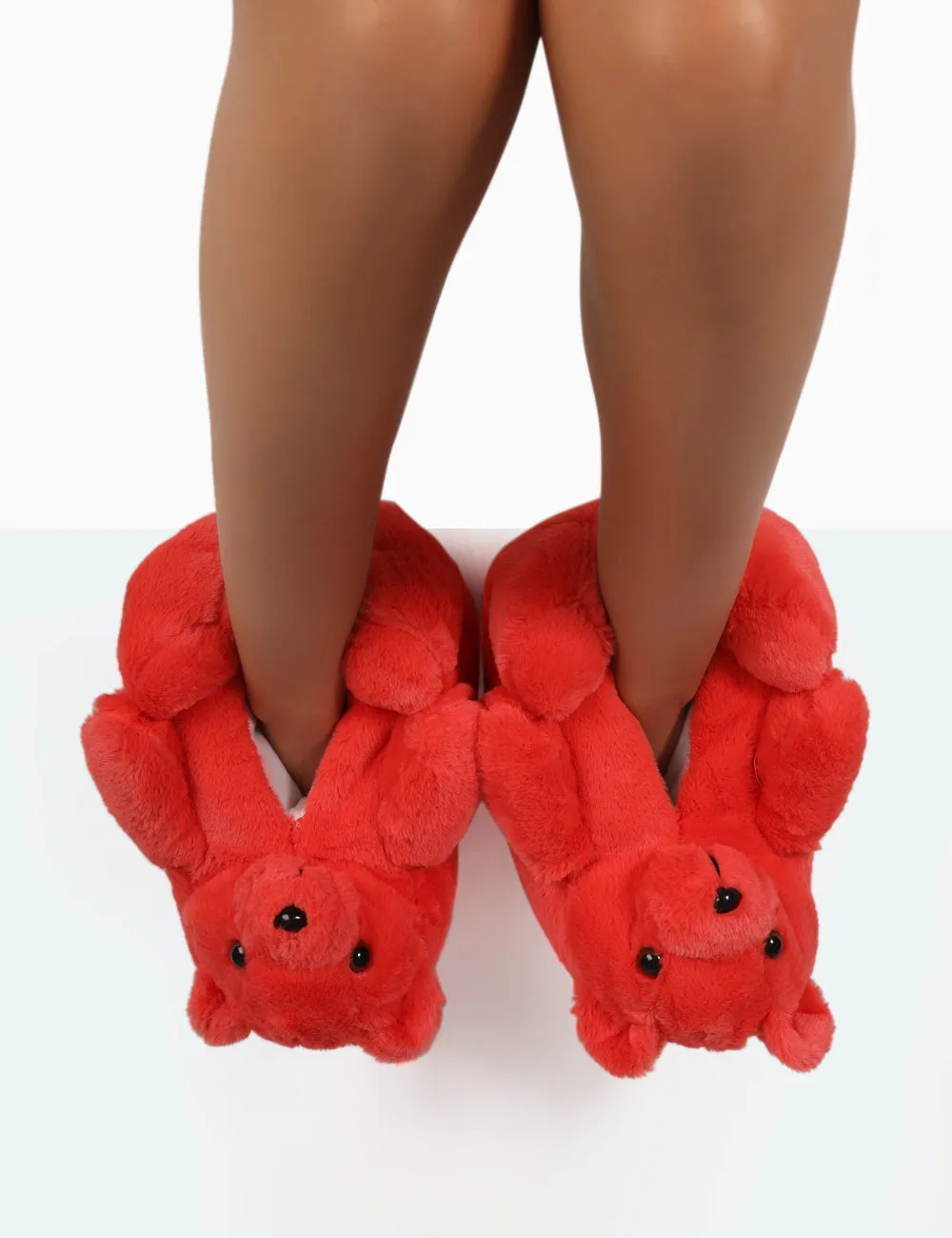 Moxy Red Fluffy Faux Fur Bear Shaped Slippers