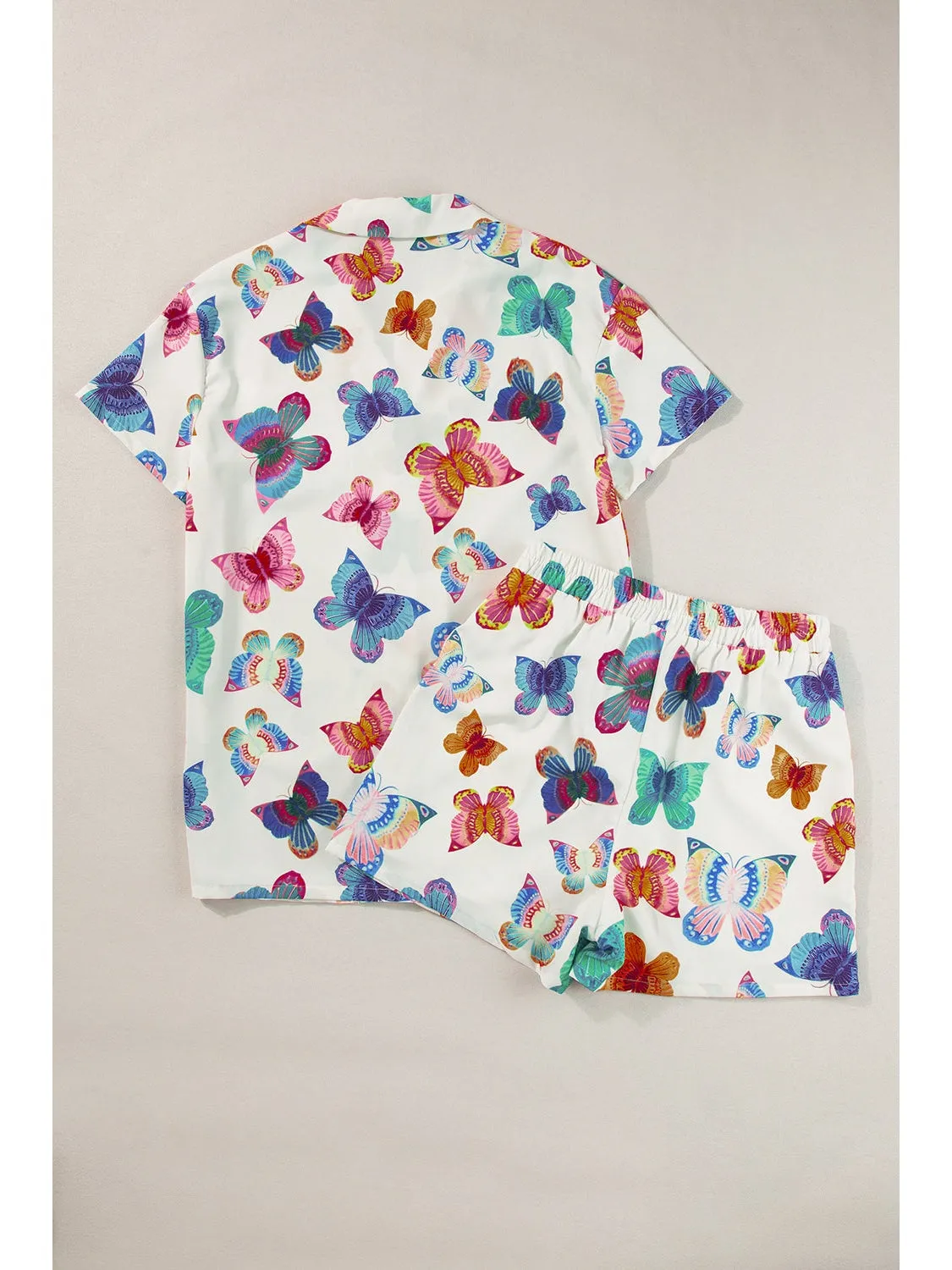 Multicolour Butterfly Print Button-up Shirt & Shorts Pajama Set