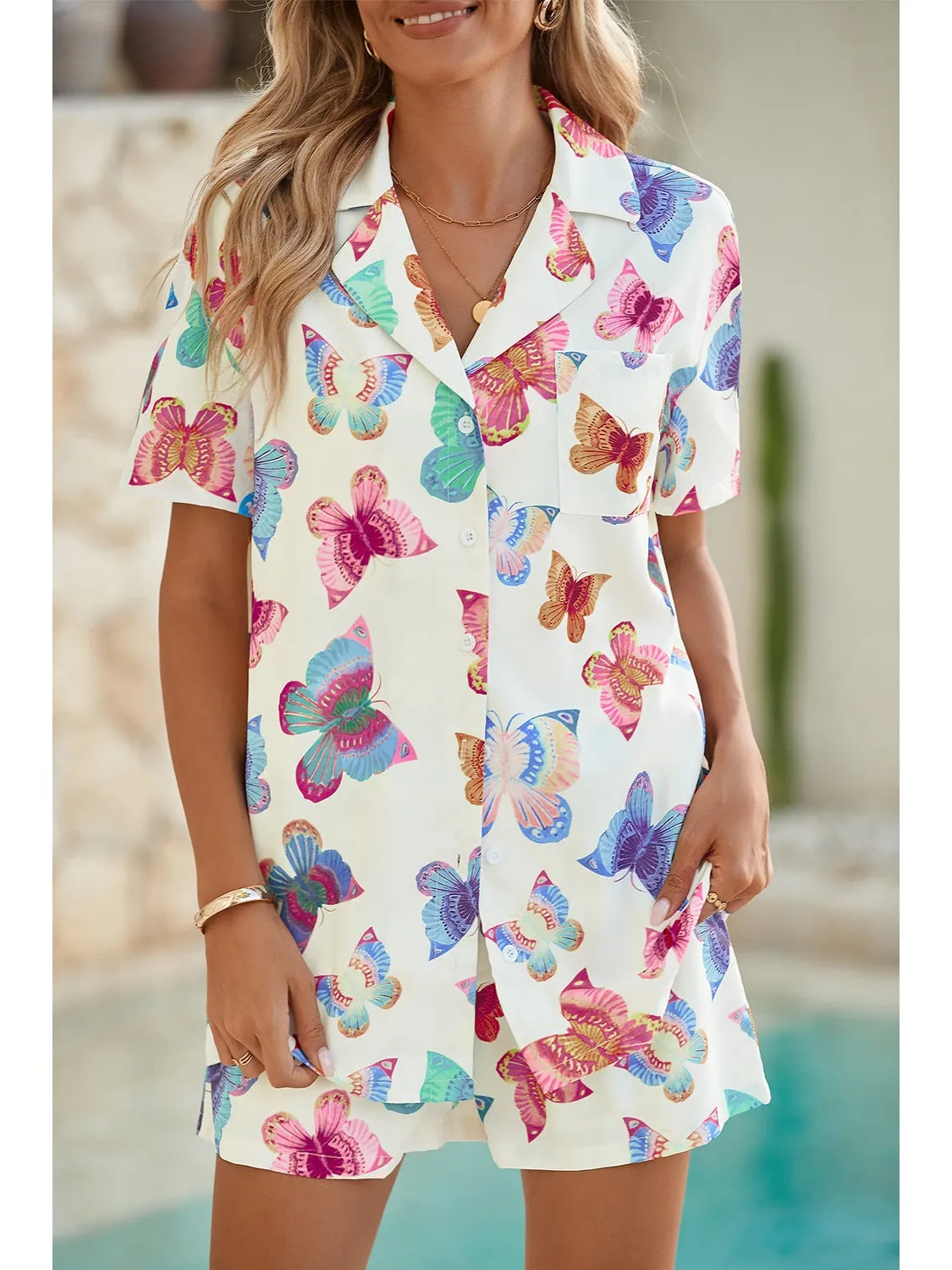 Multicolour Butterfly Print Button-up Shirt & Shorts Pajama Set