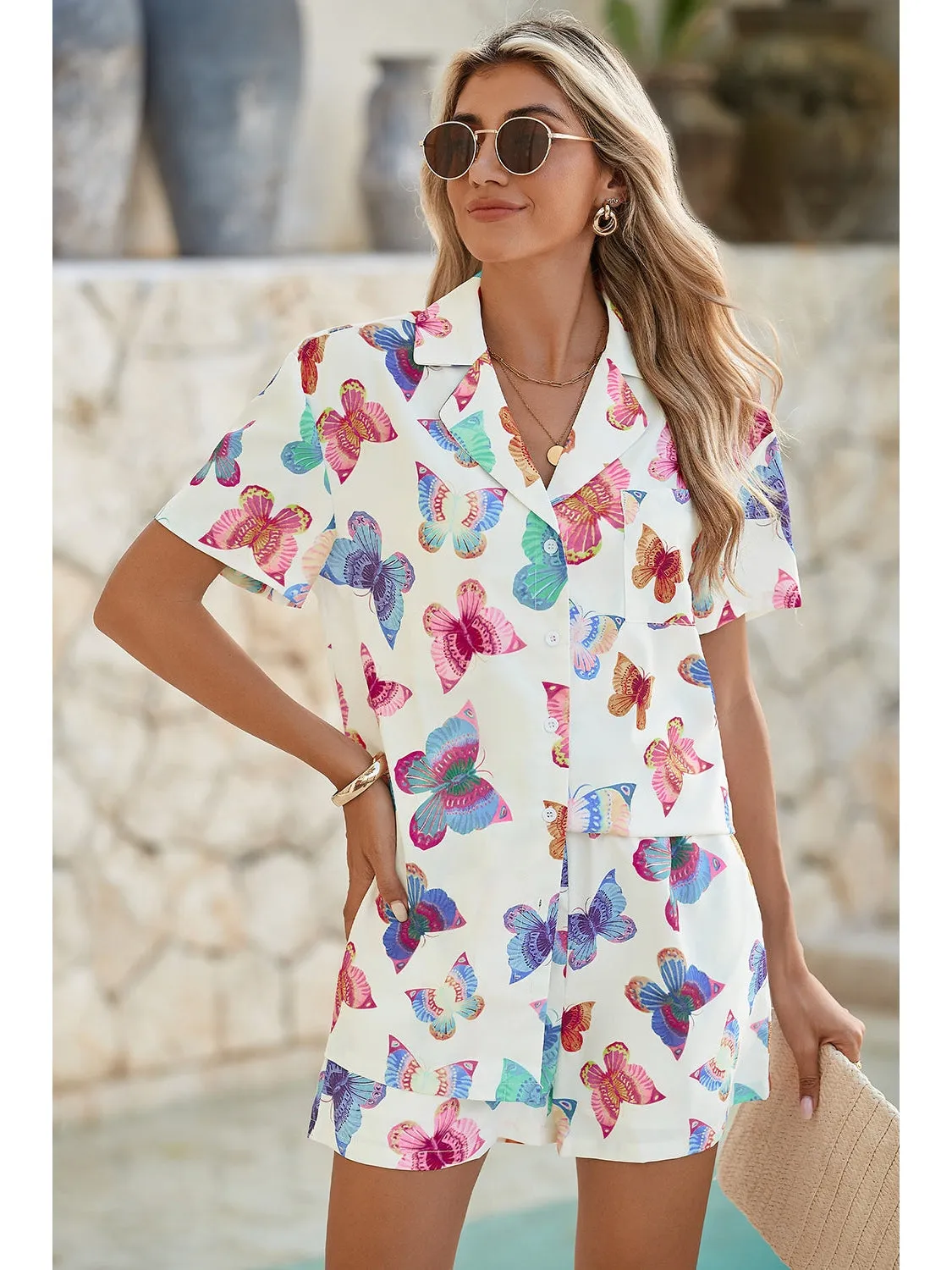 Multicolour Butterfly Print Button-up Shirt & Shorts Pajama Set