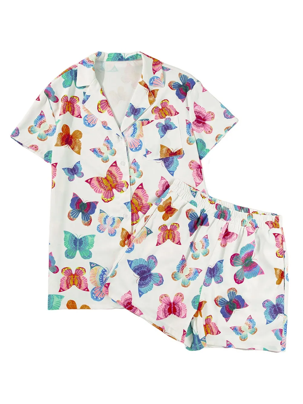 Multicolour Butterfly Print Button-up Shirt & Shorts Pajama Set