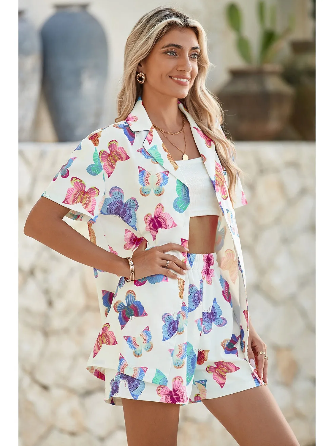 Multicolour Butterfly Print Button-up Shirt & Shorts Pajama Set