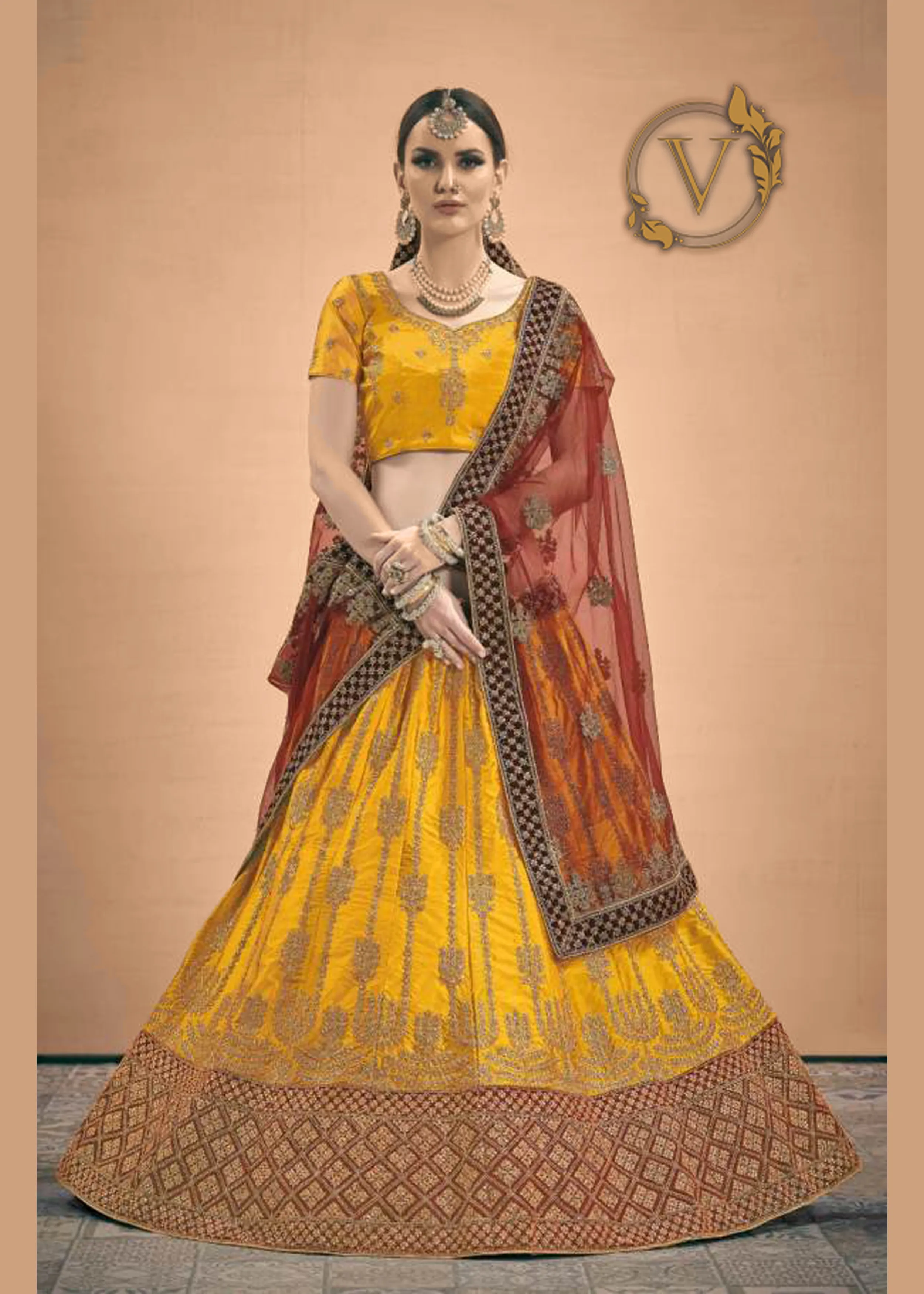 Mustard Yellow Embroidered Satin Lehenga Choli With Dupatta