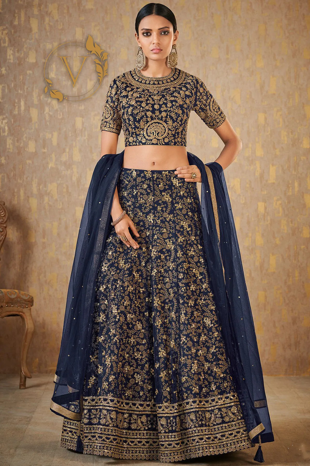 Navy Blue Art Silk Lehenga with Dupatta