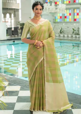 Olive Green Woven Checks Linen Saree