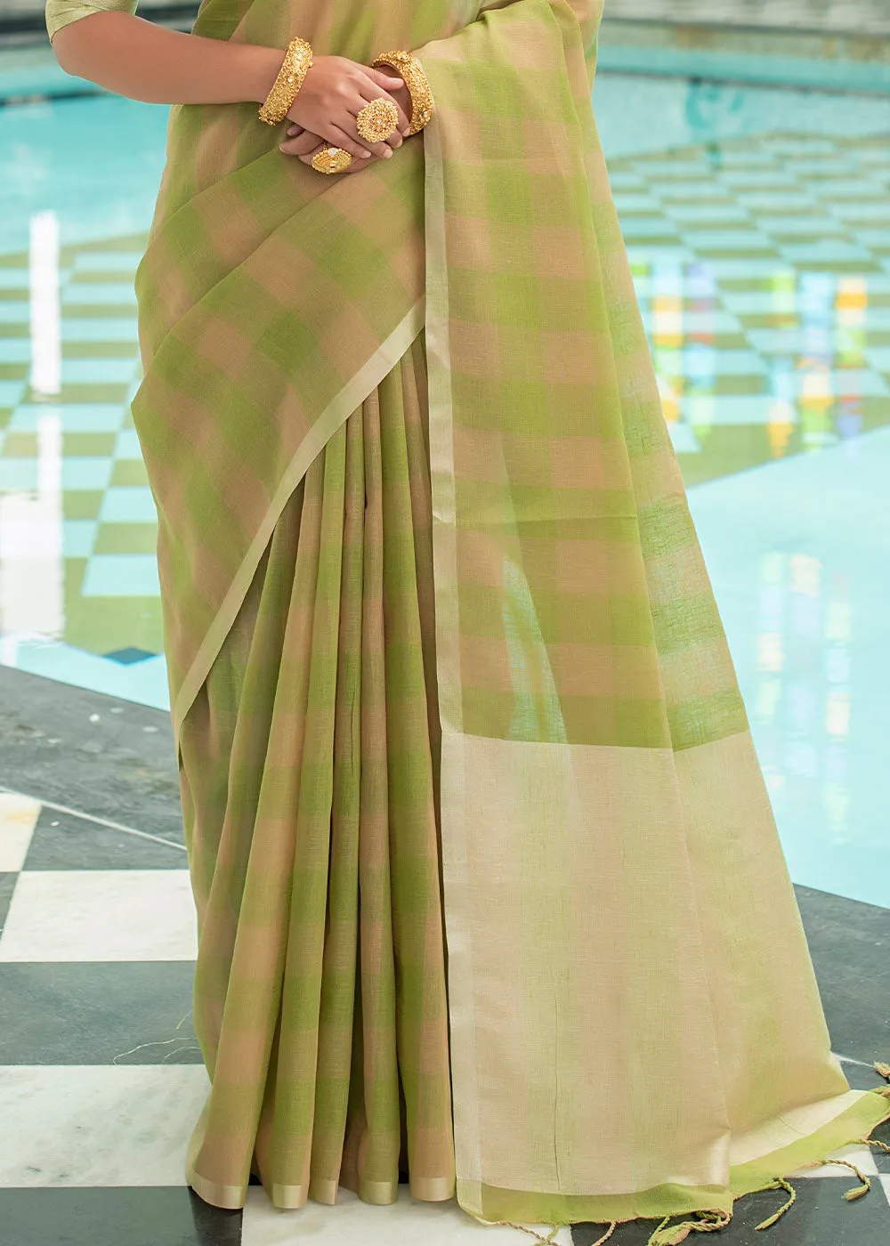 Olive Green Woven Checks Linen Saree